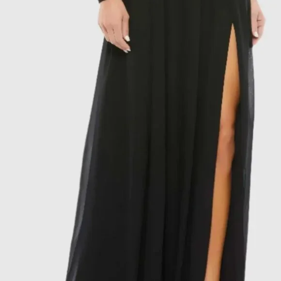 Black Embellished Shoulder Blouson Sleeve Evening Gown - Picture 5 of 6